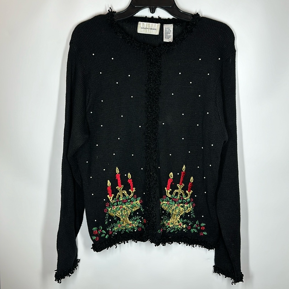 Lemongrass | Women’s L Large Black Christmas‎ Embellished Cardigan Sweater